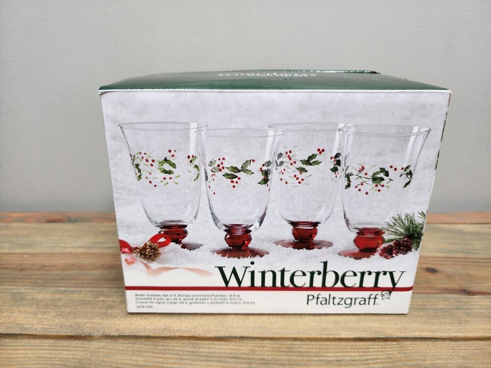Pfaltzgraff Winterberry Water Goblets Set of 4 Hand Painted Etched New In Box